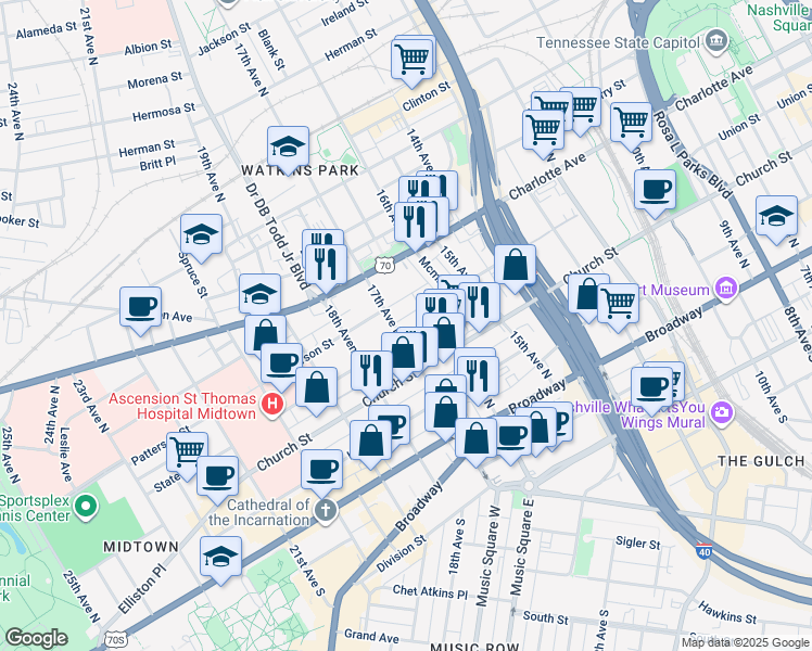 map of restaurants, bars, coffee shops, grocery stores, and more near 1616 State Street in Nashville