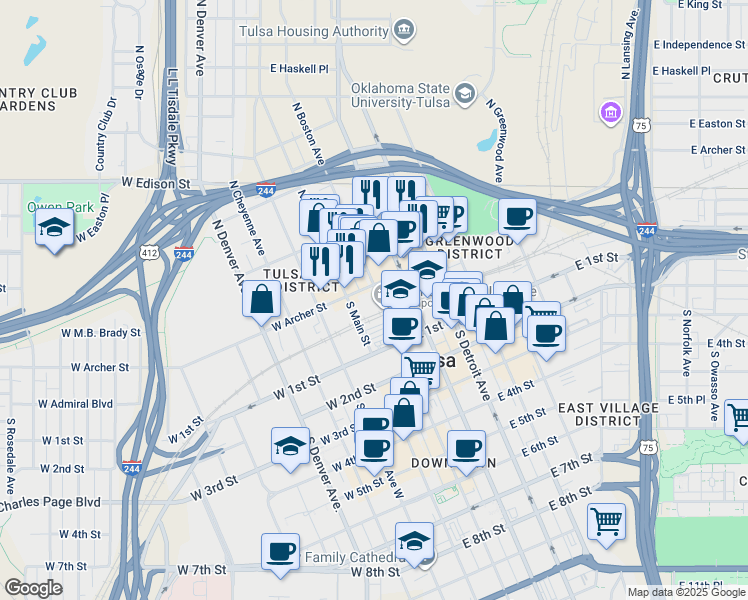 map of restaurants, bars, coffee shops, grocery stores, and more near 20 East Archer Street in Tulsa