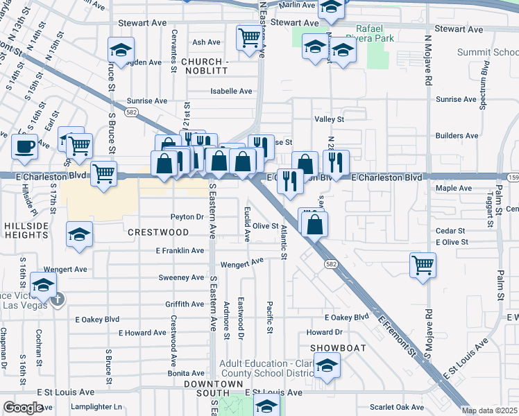 map of restaurants, bars, coffee shops, grocery stores, and more near 2627 Russell Avenue in Las Vegas