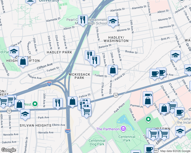 map of restaurants, bars, coffee shops, grocery stores, and more near 2720 Torbett Street in Nashville