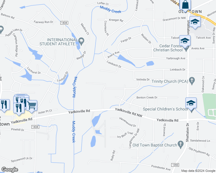 map of restaurants, bars, coffee shops, grocery stores, and more near 4133 Tolley Ridge Lane in Winston-Salem