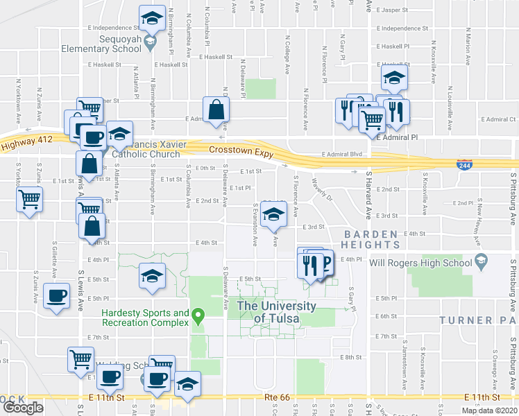 map of restaurants, bars, coffee shops, grocery stores, and more near 207 South Evanston Avenue in Tulsa