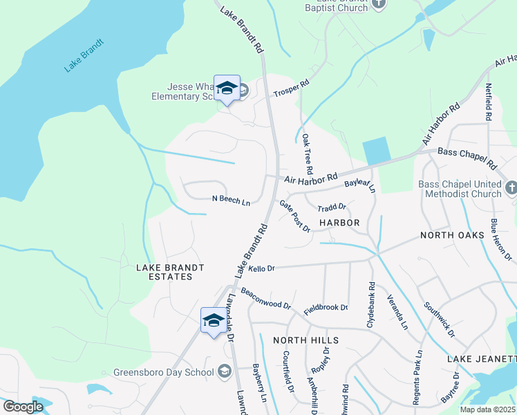 map of restaurants, bars, coffee shops, grocery stores, and more near 2415 North Beech Lane in Greensboro