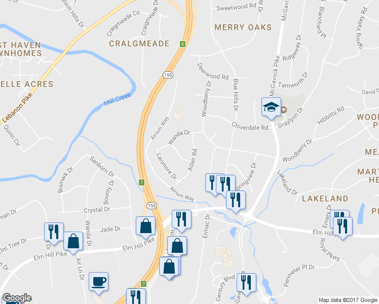 map of restaurants, bars, coffee shops, grocery stores, and more near 412 Adair Road in Nashville