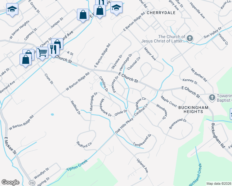 map of restaurants, bars, coffee shops, grocery stores, and more near 209 Pinecrest Drive in Greeneville
