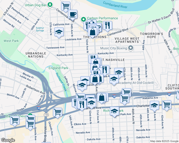 map of restaurants, bars, coffee shops, grocery stores, and more near 5111 Illinois Avenue in Nashville