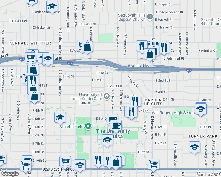 map of restaurants, bars, coffee shops, grocery stores, and more near 201 South College Avenue in Tulsa