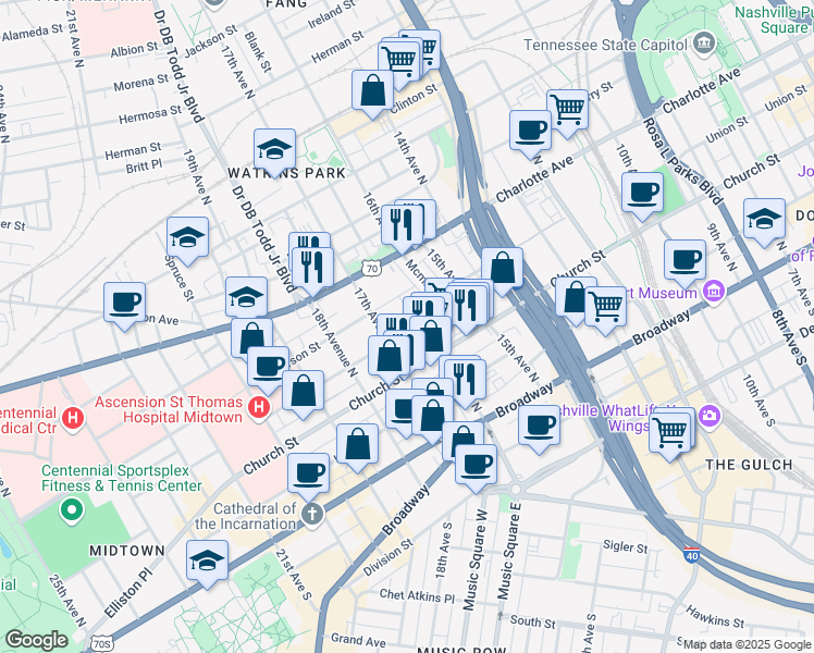 map of restaurants, bars, coffee shops, grocery stores, and more near 1616 State Street in Nashville