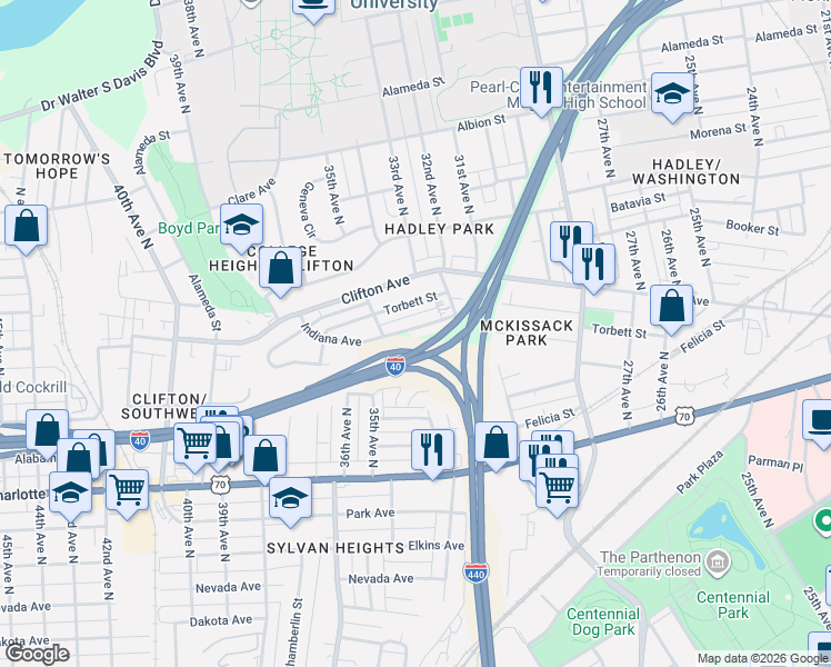 map of restaurants, bars, coffee shops, grocery stores, and more near 3017 Indiana Avenue in Nashville