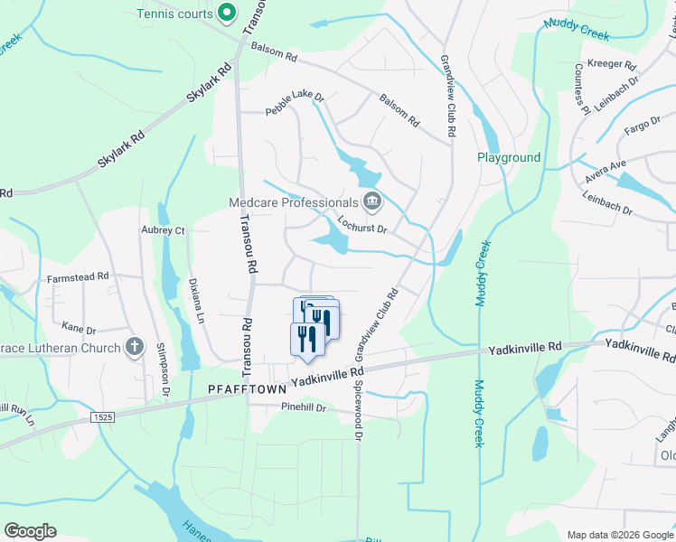 map of restaurants, bars, coffee shops, grocery stores, and more near 4549 Stimpson Ridge Drive in Pfafftown