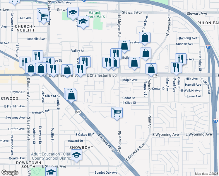 map of restaurants, bars, coffee shops, grocery stores, and more near 3040 East Charleston Boulevard in Las Vegas