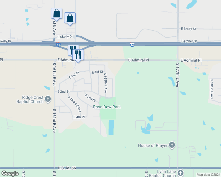 map of restaurants, bars, coffee shops, grocery stores, and more near 134 South 169th East Avenue in Tulsa