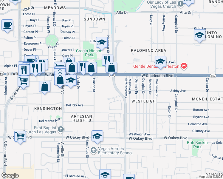 map of restaurants, bars, coffee shops, grocery stores, and more near 1210 South Valley View Boulevard in Las Vegas