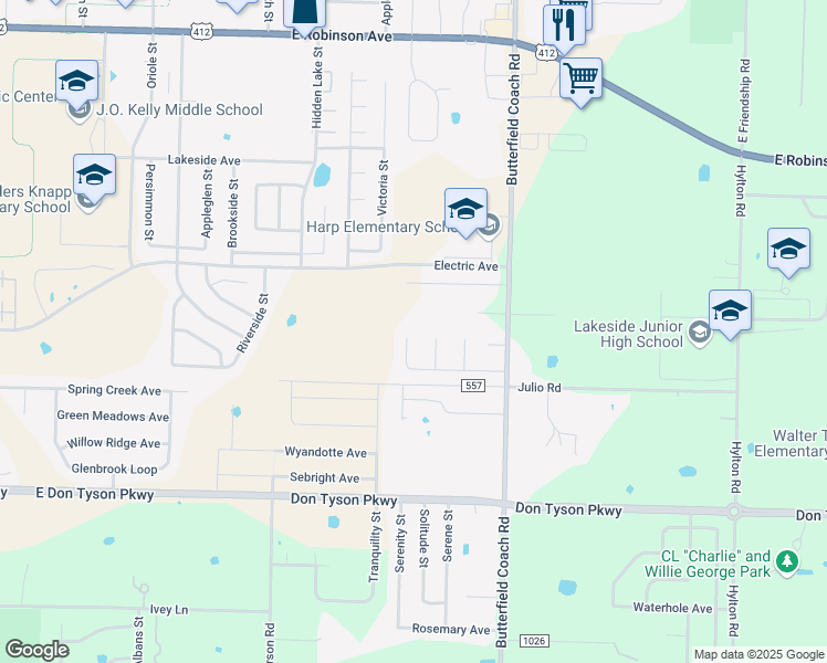map of restaurants, bars, coffee shops, grocery stores, and more near 3001 Shiraz Lane in Springdale
