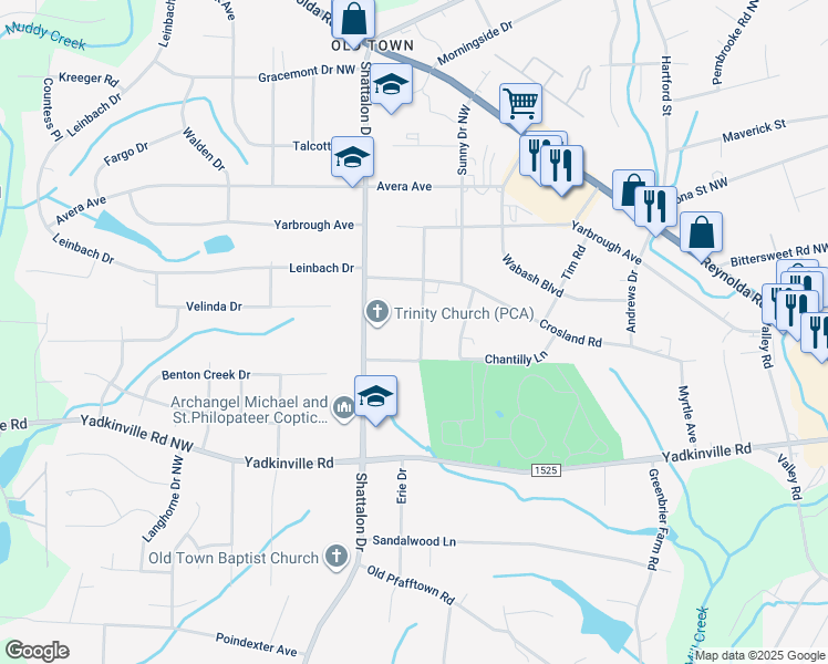 map of restaurants, bars, coffee shops, grocery stores, and more near 4536 Oakwood Circle in Winston-Salem