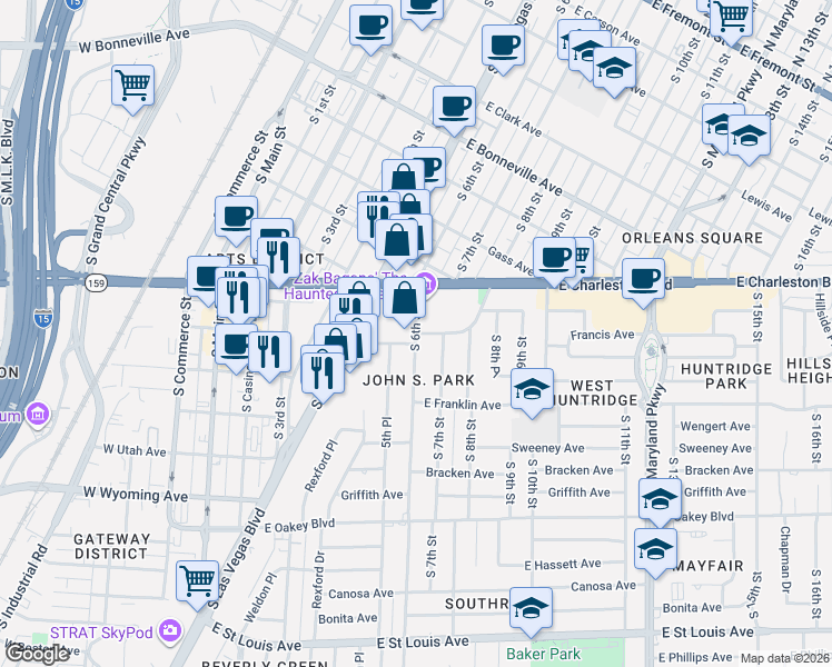 map of restaurants, bars, coffee shops, grocery stores, and more near South 6th Street in Las Vegas