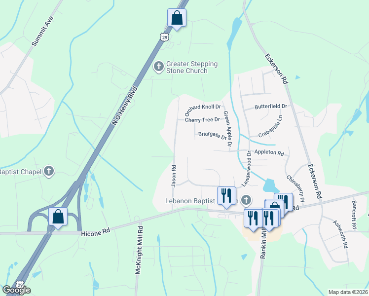 map of restaurants, bars, coffee shops, grocery stores, and more near 5538 Jason Road in Greensboro