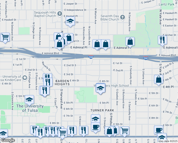 map of restaurants, bars, coffee shops, grocery stores, and more near 3710 East 2nd Place in Tulsa