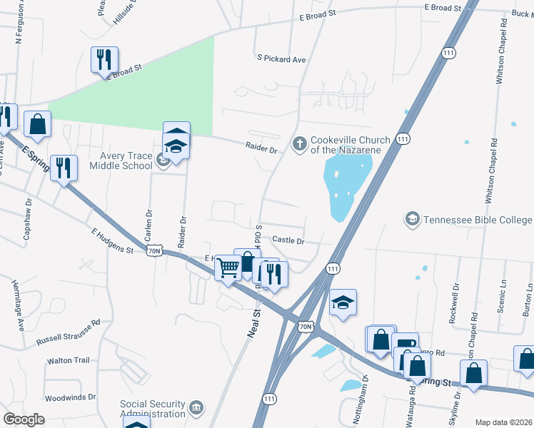 map of restaurants, bars, coffee shops, grocery stores, and more near 1301 Derby Lane in Cookeville