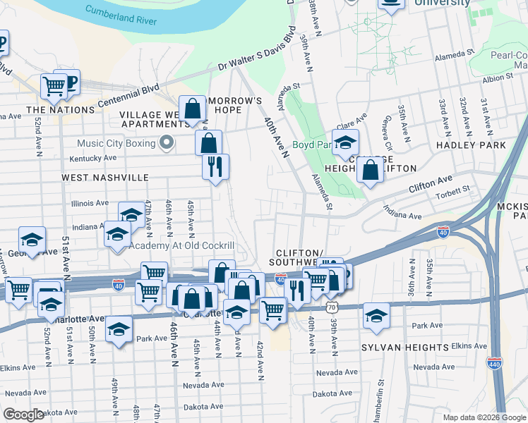 map of restaurants, bars, coffee shops, grocery stores, and more near 701 41st Avenue North in Nashville