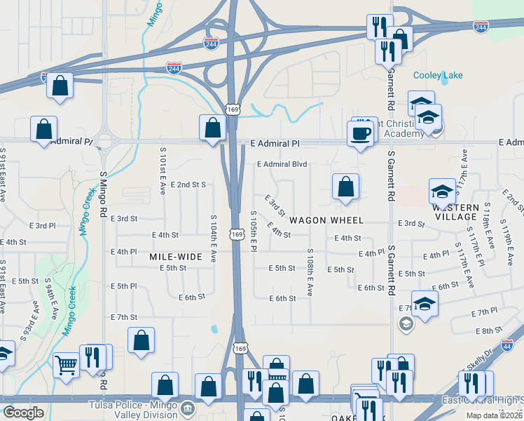 map of restaurants, bars, coffee shops, grocery stores, and more near 10531 East 4th Street in Tulsa
