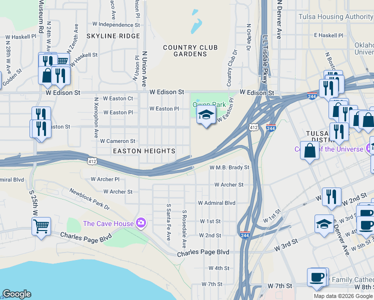 map of restaurants, bars, coffee shops, grocery stores, and more near 228 North Quanah Avenue in Tulsa