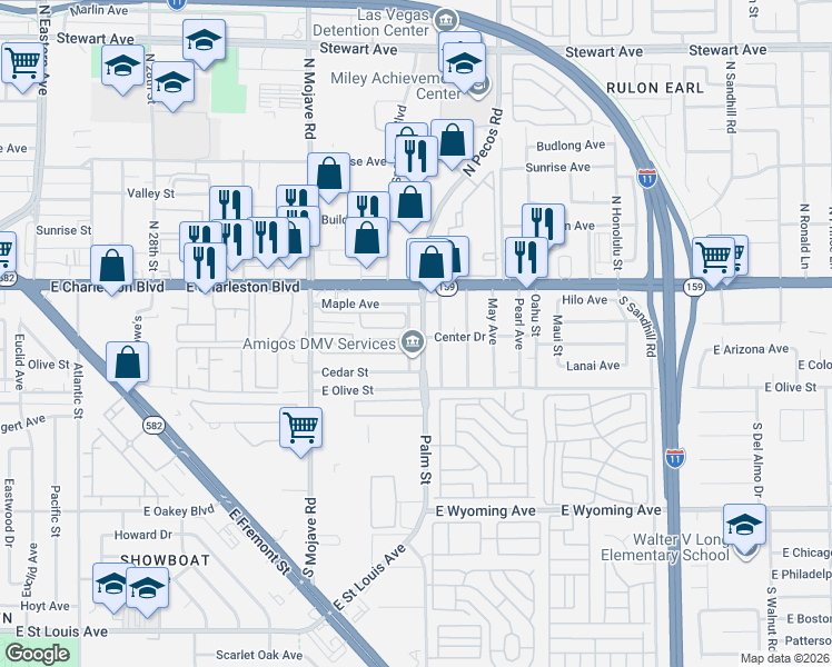 map of restaurants, bars, coffee shops, grocery stores, and more near 1027 Palm Street in Las Vegas