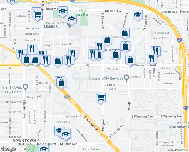 map of restaurants, bars, coffee shops, grocery stores, and more near 3040 East Charleston Boulevard in Las Vegas