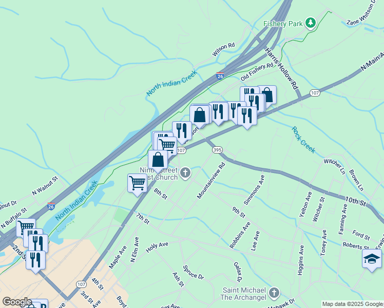map of restaurants, bars, coffee shops, grocery stores, and more near 1112 N Main Ave in Erwin