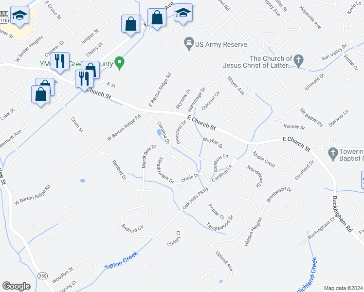 map of restaurants, bars, coffee shops, grocery stores, and more near 209 Pinecrest Drive in Greeneville