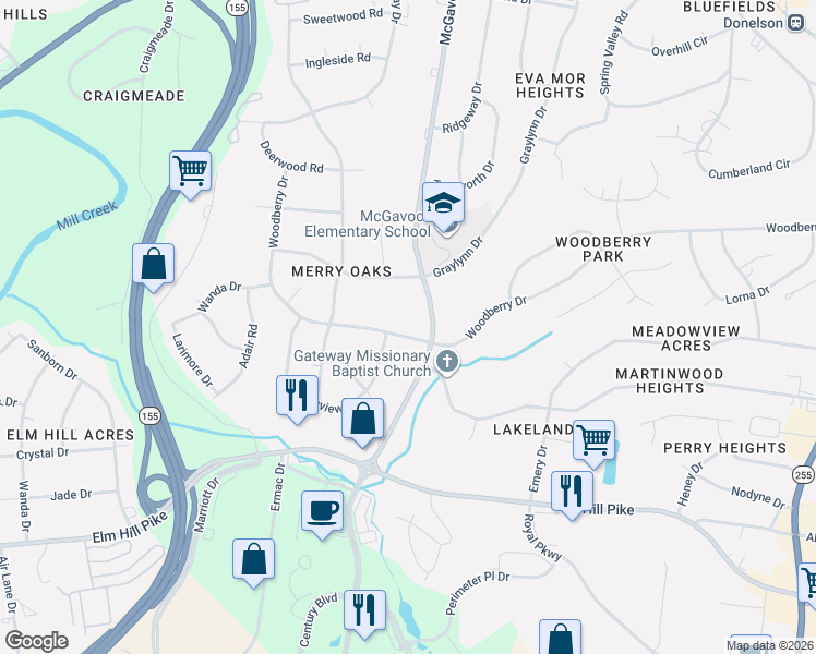 map of restaurants, bars, coffee shops, grocery stores, and more near 2414 Woodberry Drive in Nashville