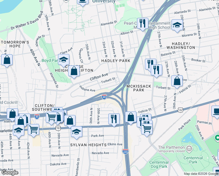 map of restaurants, bars, coffee shops, grocery stores, and more near 3017 Indiana Avenue in Nashville