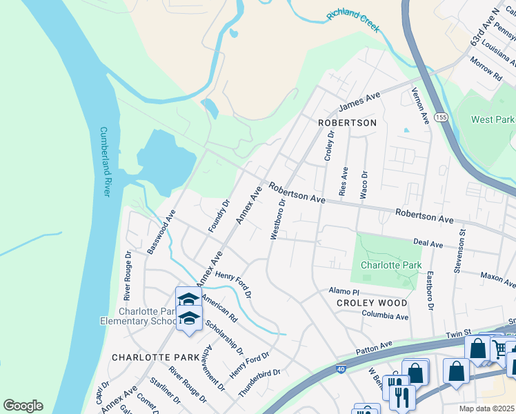 map of restaurants, bars, coffee shops, grocery stores, and more near 575 Annex Court in Nashville
