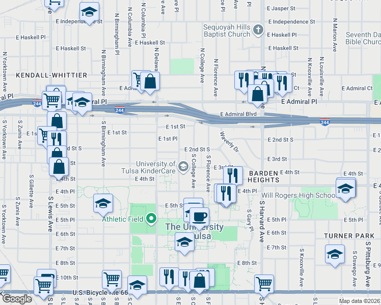 map of restaurants, bars, coffee shops, grocery stores, and more near 201 South College Avenue in Tulsa