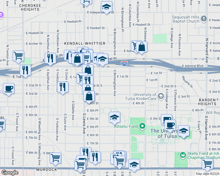 map of restaurants, bars, coffee shops, grocery stores, and more near 2520 East 2nd Street in Tulsa