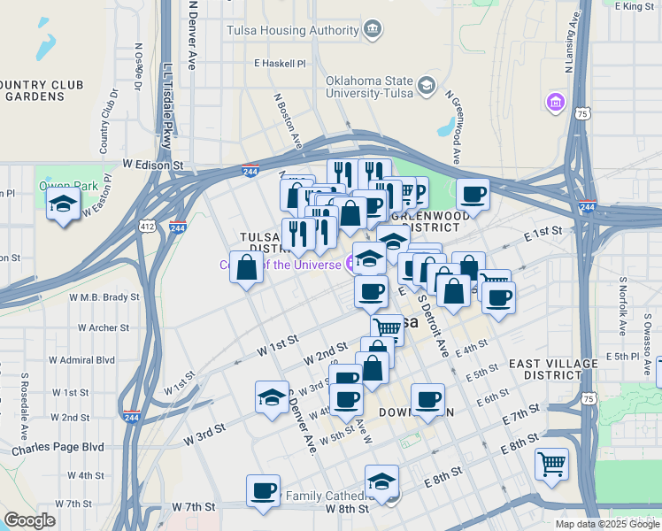 map of restaurants, bars, coffee shops, grocery stores, and more near 18 East Archer Street in Tulsa