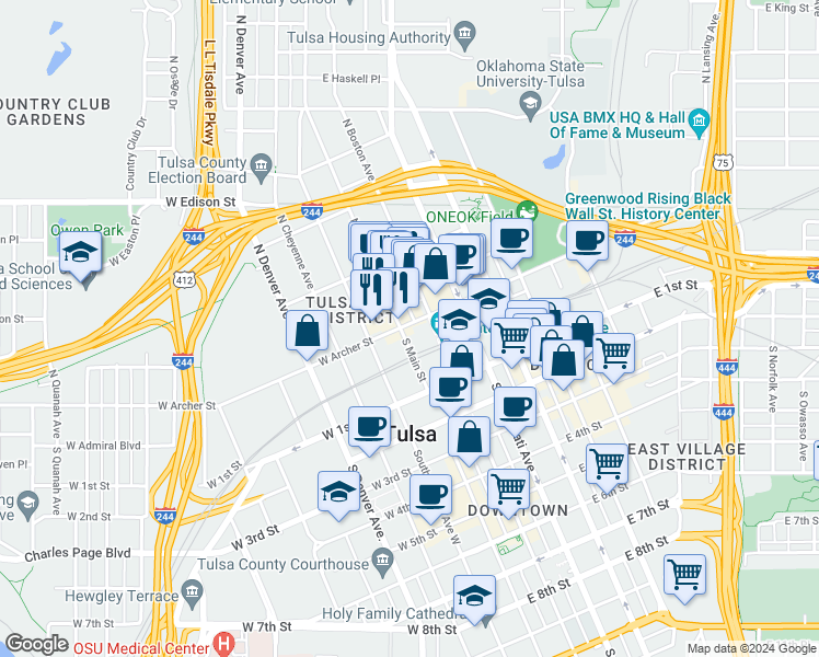 map of restaurants, bars, coffee shops, grocery stores, and more near 18 East Archer Street in Tulsa
