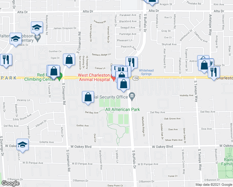 map of restaurants, bars, coffee shops, grocery stores, and more near 7881 West Charleston Boulevard in Las Vegas