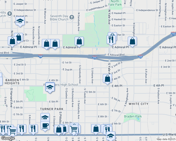 map of restaurants, bars, coffee shops, grocery stores, and more near 4510 East 2nd Place in Tulsa