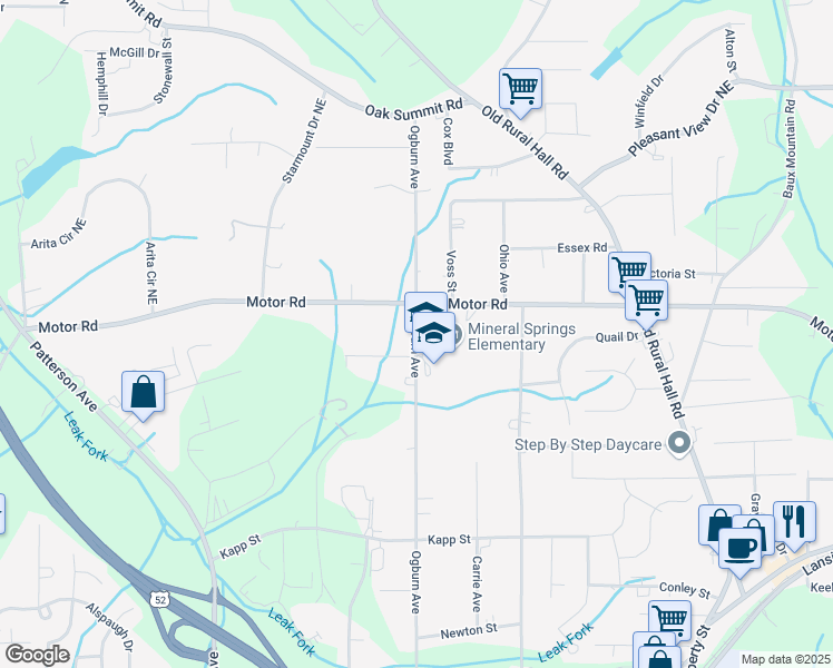 map of restaurants, bars, coffee shops, grocery stores, and more near 4559 Ogburn Avenue in Winston-Salem