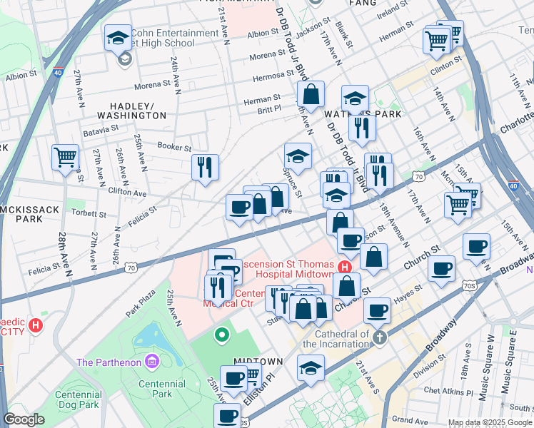 map of restaurants, bars, coffee shops, grocery stores, and more near 2105 Clifton Avenue in Nashville