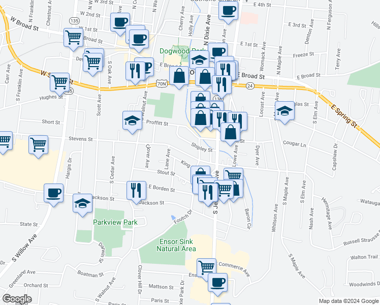 map of restaurants, bars, coffee shops, grocery stores, and more near 152 East Stevens Street in Cookeville