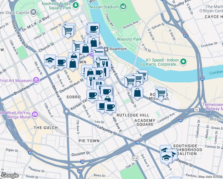 map of restaurants, bars, coffee shops, grocery stores, and more near 405 3rd Avenue South in Nashville