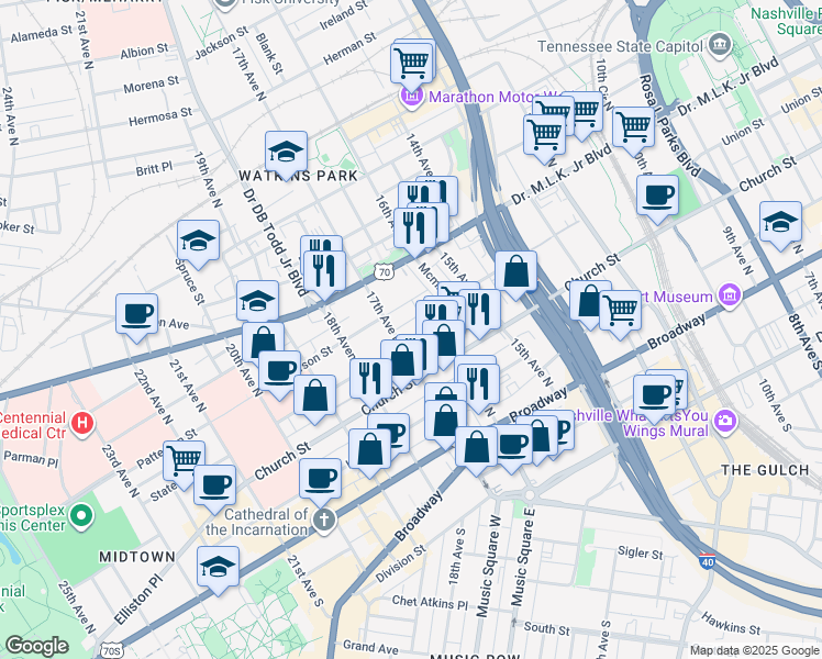 map of restaurants, bars, coffee shops, grocery stores, and more near 1616 State Street in Nashville