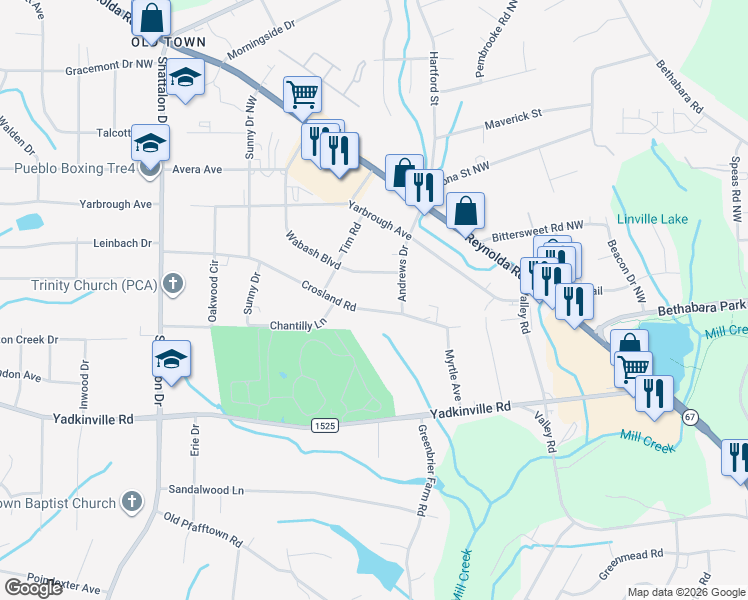 map of restaurants, bars, coffee shops, grocery stores, and more near 3739 Crosland Road in Winston-Salem