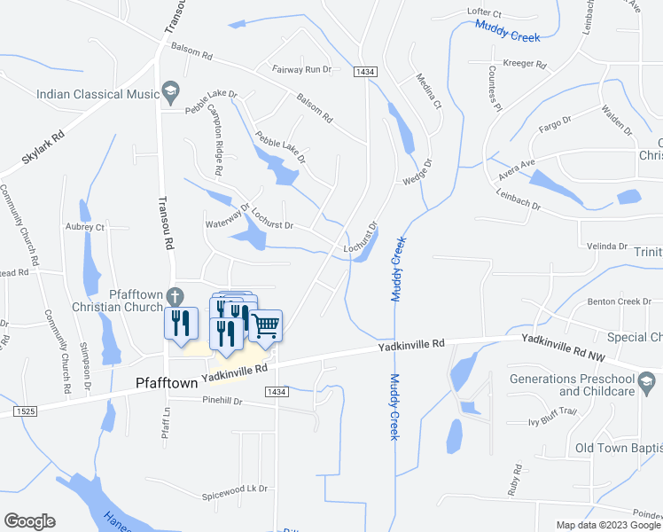 map of restaurants, bars, coffee shops, grocery stores, and more near 3287 Grandview Club Road in Winston-Salem