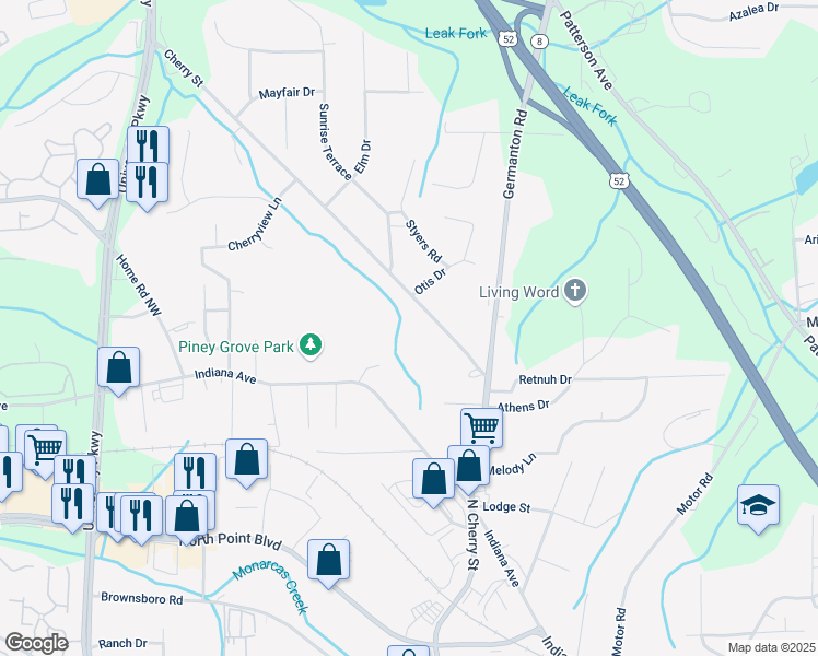 map of restaurants, bars, coffee shops, grocery stores, and more near 4794 Cherry Street in Winston-Salem