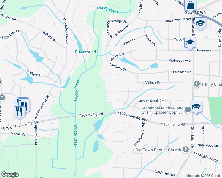 map of restaurants, bars, coffee shops, grocery stores, and more near 4133 Tolley Ridge Lane in Winston-Salem