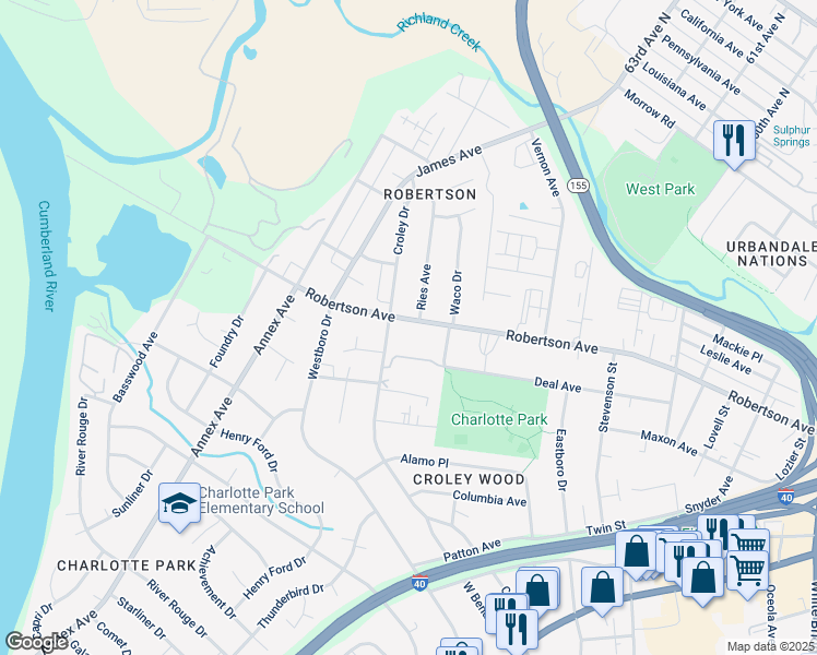 map of restaurants, bars, coffee shops, grocery stores, and more near 6225 Robertson Avenue in Nashville