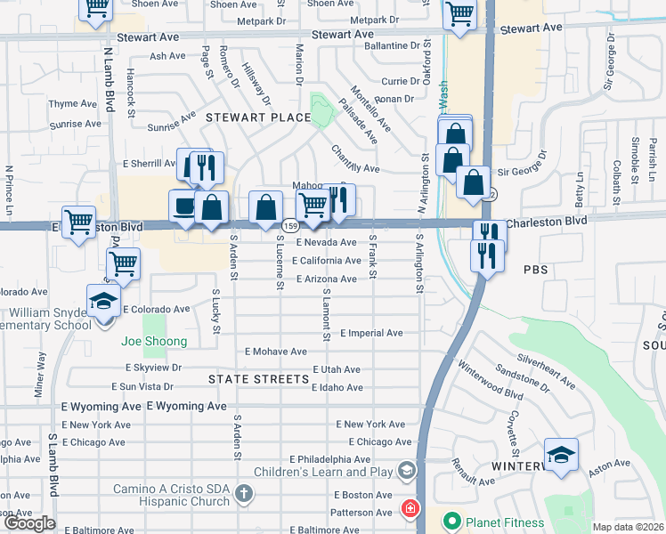 map of restaurants, bars, coffee shops, grocery stores, and more near 4811 East California Avenue in Las Vegas